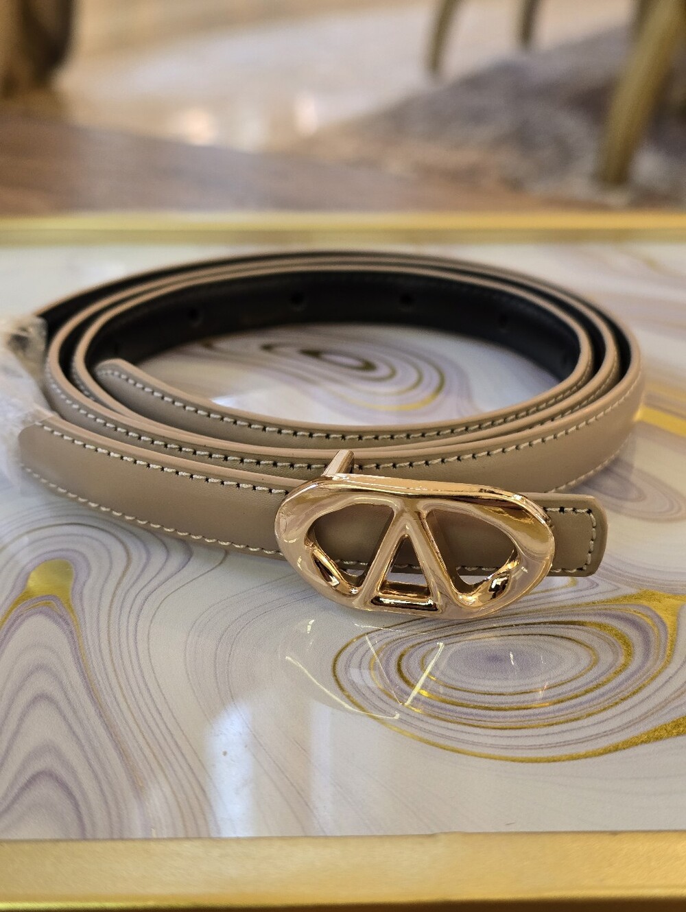 Stylish Women’s Taupe Leather Skinny Logo Belt with Gold Buckle